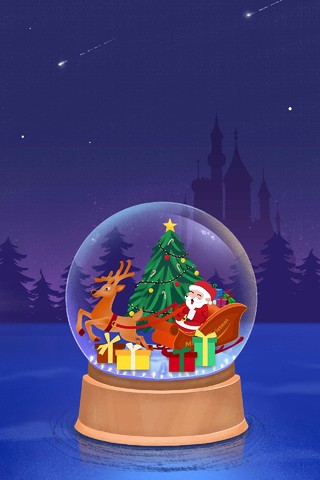 蓝色渐变水晶球圣诞老人鹿圣诞树礼物圣诞节海报背景